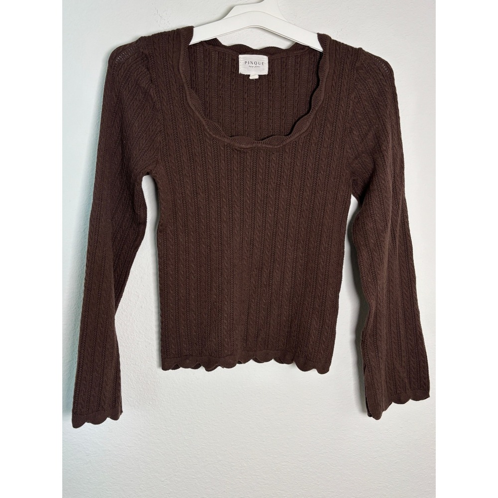 Pinque Design Studio Brown Cable Knit Scalloped Scoop Neck Long Sleeve Top M